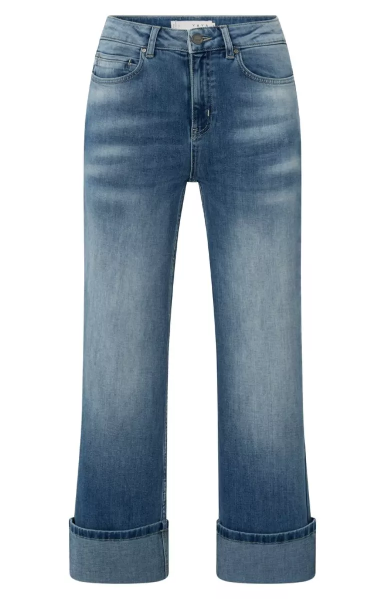 YAYA-Mid waist denim w. roll-up; Cotton/Polyester/Elastane-01-311080-502-99975-BLUE